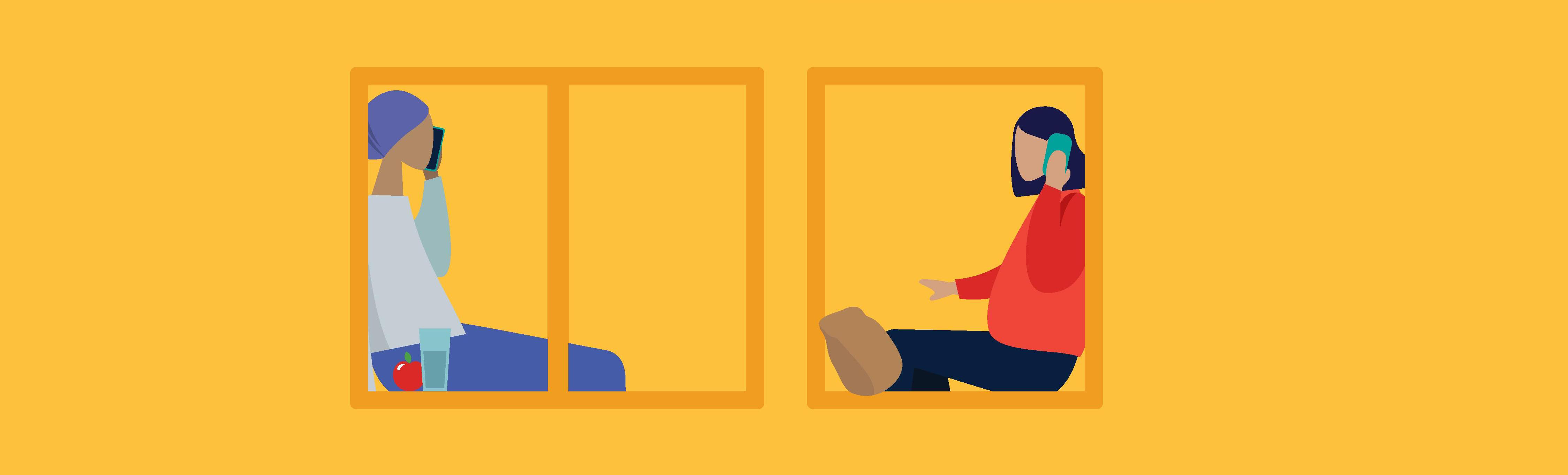 Thrive campaign illustration showing two people talking on the phone