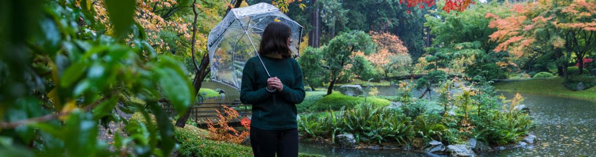 A student holding an umbrella while walking in Nitobe Memorial Garden 